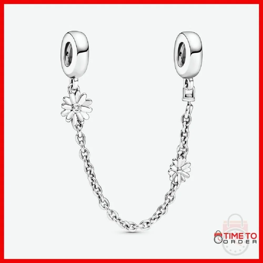 Sterling Silver Daisy Flower Safety Chain Charm with CZ